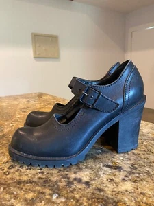 MIA Grunge Black 90s Chunky Y2K Mary Jane Heels 10M Black Leather - Picture 1 of 9