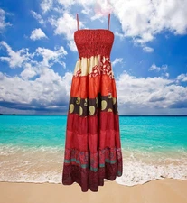 Womens Maxi Dress, Strap Dresses, Red Flared Sleeveless Dress, Summer S/M