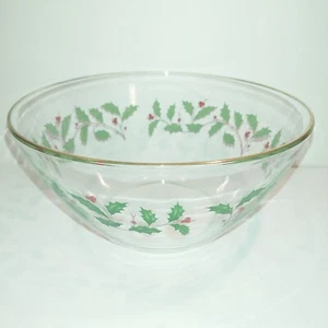 Lenox 9" Christmas Holly Holiday Glass Salad / Serving Bowl 24k Gold Rim EUC - Picture 1 of 6