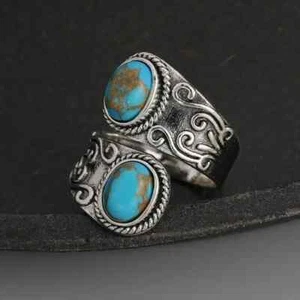 Vintage Spoon Ring Silver Plated Inlaid Turquoise Retro Flower Carving Suitable - Picture 1 of 7