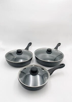 Set 3 Padelle Alte Nere Bavaria In Pietra Lavica Con Coperchi In Vetro Induzione - Immagine 1 di 4