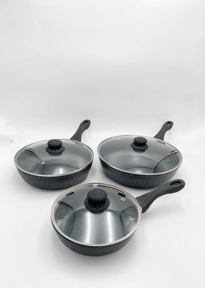 Set 3 Padelle Alte Nere Bavaria In Pietra Lavica Con Coperchi In Vetro Induzione - Immagine 1 di 4