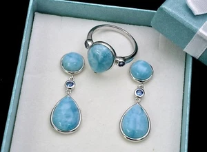 Larimar AAA Premium Quality Ring and Earrings Set. .925 Sterling Silver Size 7.5 - Picture 1 of 4