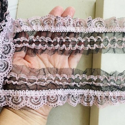 2 Yards Stretch Black & Pink Ruffled Lace Trim/Sewing/Crafts/Doll/2.25" Wide - Image 1 of 4