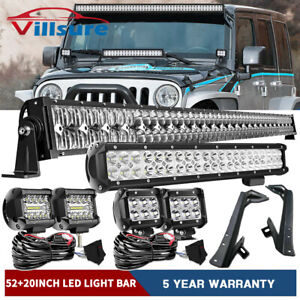 for Jeep Wrangler JK 07-15 Roof Windshield 52inch 3-Row LED Light Bar+4x4'' Pods