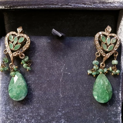 Antique Emerald White Sapphire Sterling Silver 925 HEART Pierced Earrings - Image 1 of 4