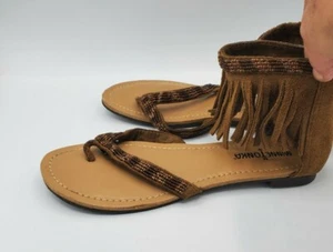 Minnetonka Brown Suede Fringe Beaded Sandals Thongs Ankle Strap Zip Back Size 6 - Picture 1 of 8