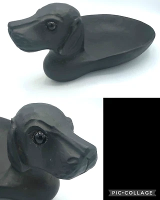 James Haddon Wood Carved Bowl Dog with Glass Eyes Console Dish 12" x 7.5" Signed - Image 1 of 4