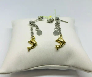 1 paio orecchini pendenti Oro bianco giallo 18kt con catenella pesce delfino - Foto 1 di 3