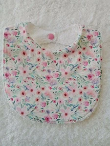 Small Flowers White Newborn Baby Bib Cotton Front Towelling Back Handmade - Picture 1 of 2