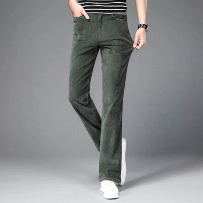 Men 60s 70s Corduroy Bell Bottom Flared Pants Bootcut Trousers Slim Stretch Long - Image 1 of 4