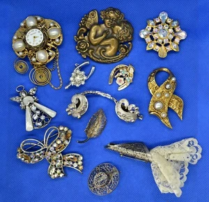 Lote de 12 broches de bisutería retro vintage, perlas de pedrería de metal, 925 - Imagen 1 de 11