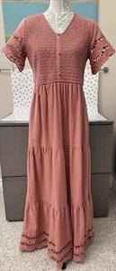 Women’s One Loved Babe Short Sleeve Smocked Eyelet Sleeves & Hem Tiered Dress M - Picture 1 of 9