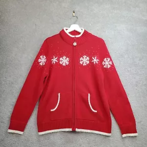 Quacker Factory Snowflake Cardigan Sweater Women's Large Red Beaded Knit Holiday - Picture 1 of 11