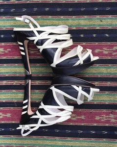 Strutt Couture Black & Cream Patent Leather Strappy Platform Sandals Heels EU37 - Picture 1 of 10