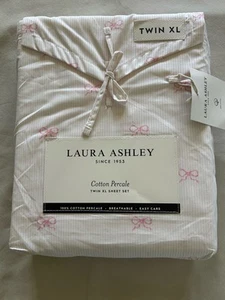 NEW 3pc Laura Ashley Twin XL Dorm Sheet Set Cottage CURTSEY BOW PINK & White - Picture 1 of 5