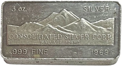 1969 SILVER WALLA WALLA DAY MINES CONSOLIDATED CORP 3 OZ .999 FINE MINING BAR - Image 1 of 3