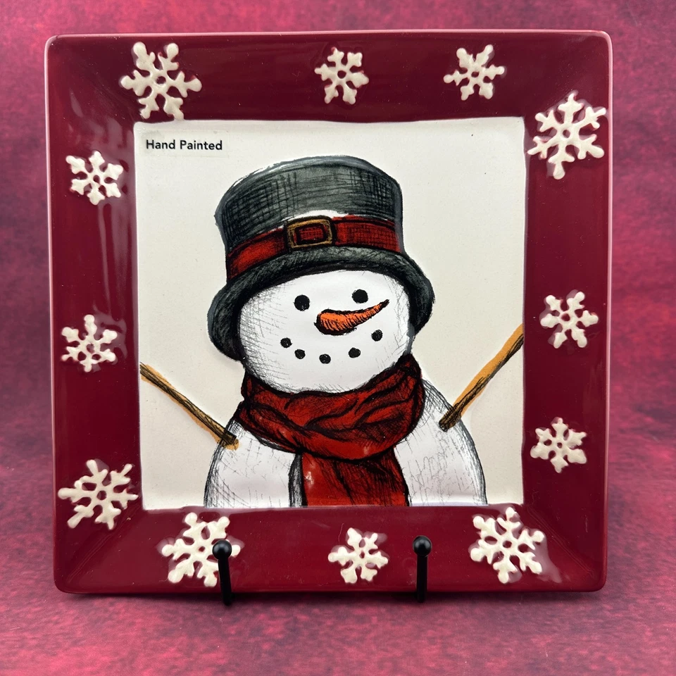 ST. NICHOLAS SQUARE YULETIDE SNOWMAN PLATE HOLIDAY CHRISTMAS STONEWARE, 8.5 inch - Image 1 of 4