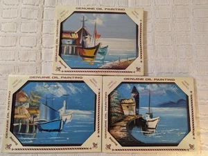 Juego de 3 veleros náuticos Sterling Company pintados a mano de pintura al óleo vintage  - Imagen 1 de 7