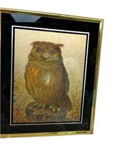 1980 Vintage Owl Art Plaque Gold Foil Print Framed - Picture 1 of 7