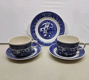 2 Vintage Blue Willow Teetassen & Untertassen und 1 Relish/Soße Unterteller unbeschriftet - Bild 1 von 4