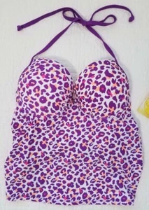 NEW JOE BOXER JUNIORS SWIMWEAR TANKINI TOP PUSH UP PURPLE WHITE LEOPARD S M  - Picture 1 of 3