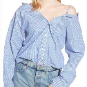 Caara Show Off Your Shoulders Blue Striped Button Down Shirt Size S NEW - Picture 1 of 8