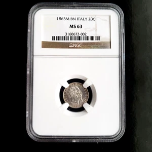 1863 Italy Kingdom 20 Centesimi Victor Emmanuel Silver Coin NGC MS 63 High Grade - Picture 1 of 6