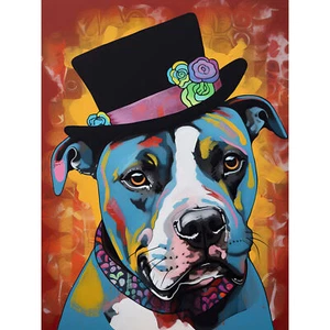 Pitbull mit Blumen-Zylinderhut Modern Pop großer Druck 46x61 cm - Bild 1 von 5