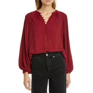Joie Addalla Long Sleeve Flowy Button-Detail Crepe Blouse Size L Topanga Red - Picture 1 of 10