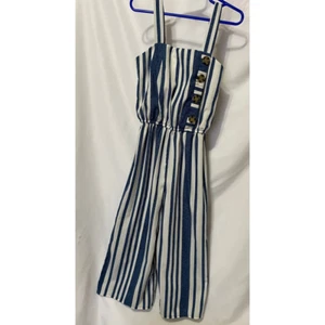 Jenna & Jessie Girls Jumpsuit Blue White Striped Elastic Waist Buttons Lined 7 - Picture 1 of 5