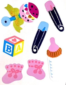 *VINTAGE* Mylar BABY BOTTLE BOOTIES RATTLE PINS Sandylion Stickers - 1 square - Picture 1 of 1