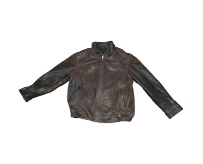 St Johns Bay Vintage 80s Heavy Brown Leather Flannel Lined Large Bomber Jacket - Image 1 of 4