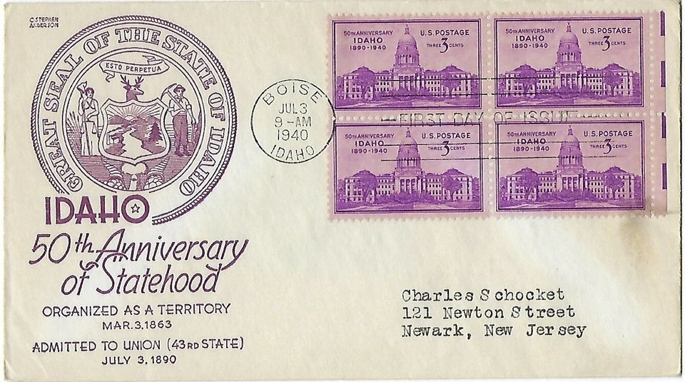3 '40 FDCs 50th Idaho Sthd B4 on Anderson SC#896, 2 Frances E. Willard SC#872 - Image 1 of 3