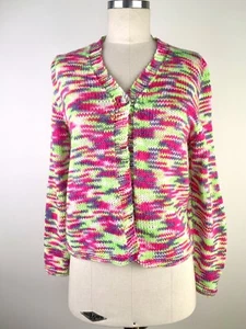 Vintage Space Dye Knit Cardigan Size M Single Button Jumper Top Neon Pink Green - Picture 1 of 11