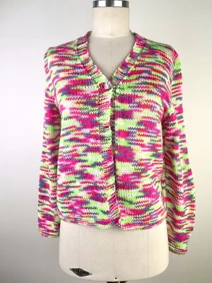 Vintage Space Dye Knit Cardigan Size M Single Button Jumper Top Neon Pink Green - Image 1 of 4