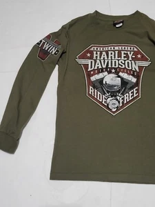 (#A1) Harley Davidson Long Sleeve T-Shirt Cotton Olive Green SZ KIDS SMALL - Picture 1 of 8