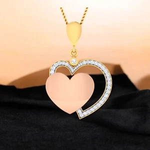 0.72 TCW F/VS1 Round Brilliant Cut Natural Diamonds Two-Heart Necklace 14K Gold - Picture 1 of 6