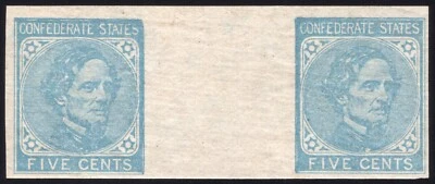 Confederado, CSA #7 5¢ azul, par de canaletas, como nuevo-OG-NH, ¡variedad llena en marco! Foto 1 de 2