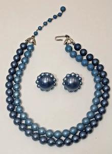 Blau zweifarbig Kunstperlen zwei Strang Halsband & Clip-On Ohrring Set elegant Vintage - Bild 1 von 11
