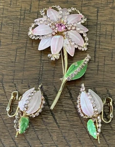 Vintage HOBE signierte Blumen Brosche & Clip Ohrring Set rosa 1965 - Bild 1 von 13
