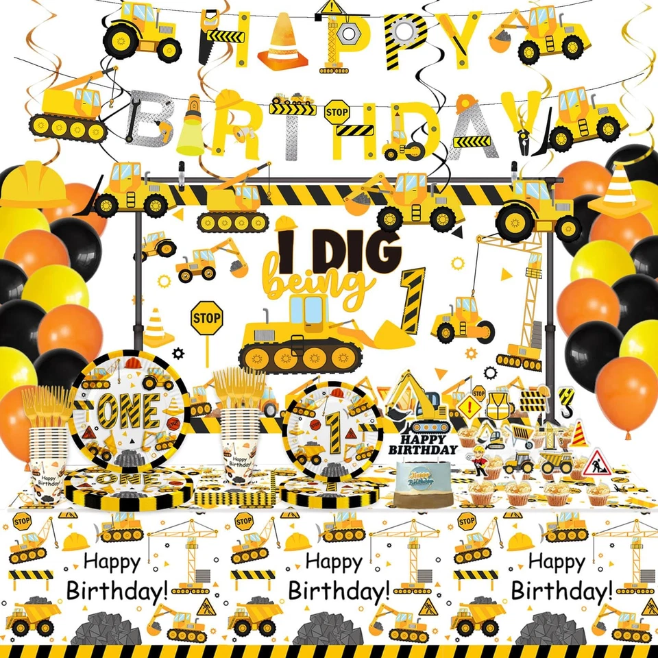 178 Piezas Construcción 1er Cumpleaños Fiesta Suministros, Camión Volquete Un Año Par... Foto 1 de 4