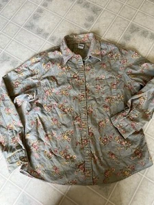 LL Bean Women’s Vintage Pale Green Floral Corduroy Blouse M Button Down Shirt - Picture 1 of 4