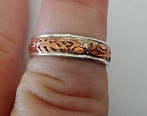 Size 8 o 9 Sterling Silver & Copper Leaf design 6mm Wide Band Wedding Style Ring - Picture 1 of 6
