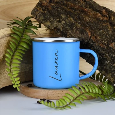 Nombre Personalizado Azul Claro Esmalte Camping Taza Viaje Lata Café Agua Beber Foto 1 de 4