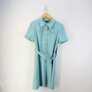 Henry Lee Women Dress Vintage Size 8P Aqua Blue Short Sleeve Midi Sheath Belted - Picture 1 of 13