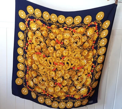 Chanel Paris Bufanda de Seda Mujer Talla Única Cuadrada Azul Marino Dorado Rojo Moneda Cadena Estampado Foto 1 de 4