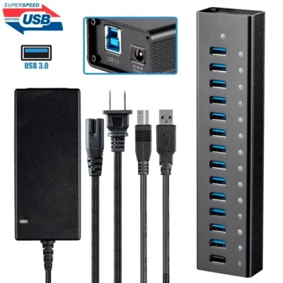 13 Port USB 3.0 Hub 5Gbps Super Speed w/ 2.4A Charging Port & AC Power Adapter - Image 1 of 4