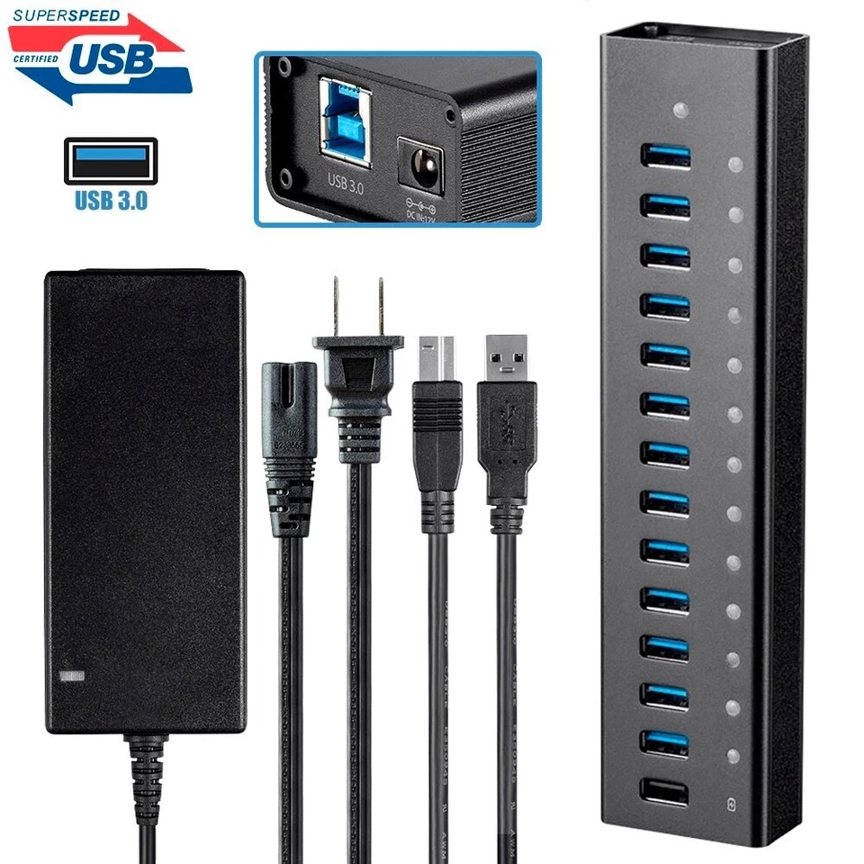 13 Port USB 3.0 Hub 5Gbps Super Speed w/ 2.4A Charging Port & AC Power Adapter - Image 1 of 4