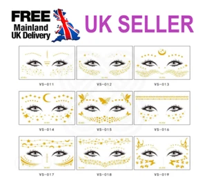 Face Adhesive Gold Glitter Tattoo Sticker Festival Rave Party Body Makeup - Picture 1 of 29